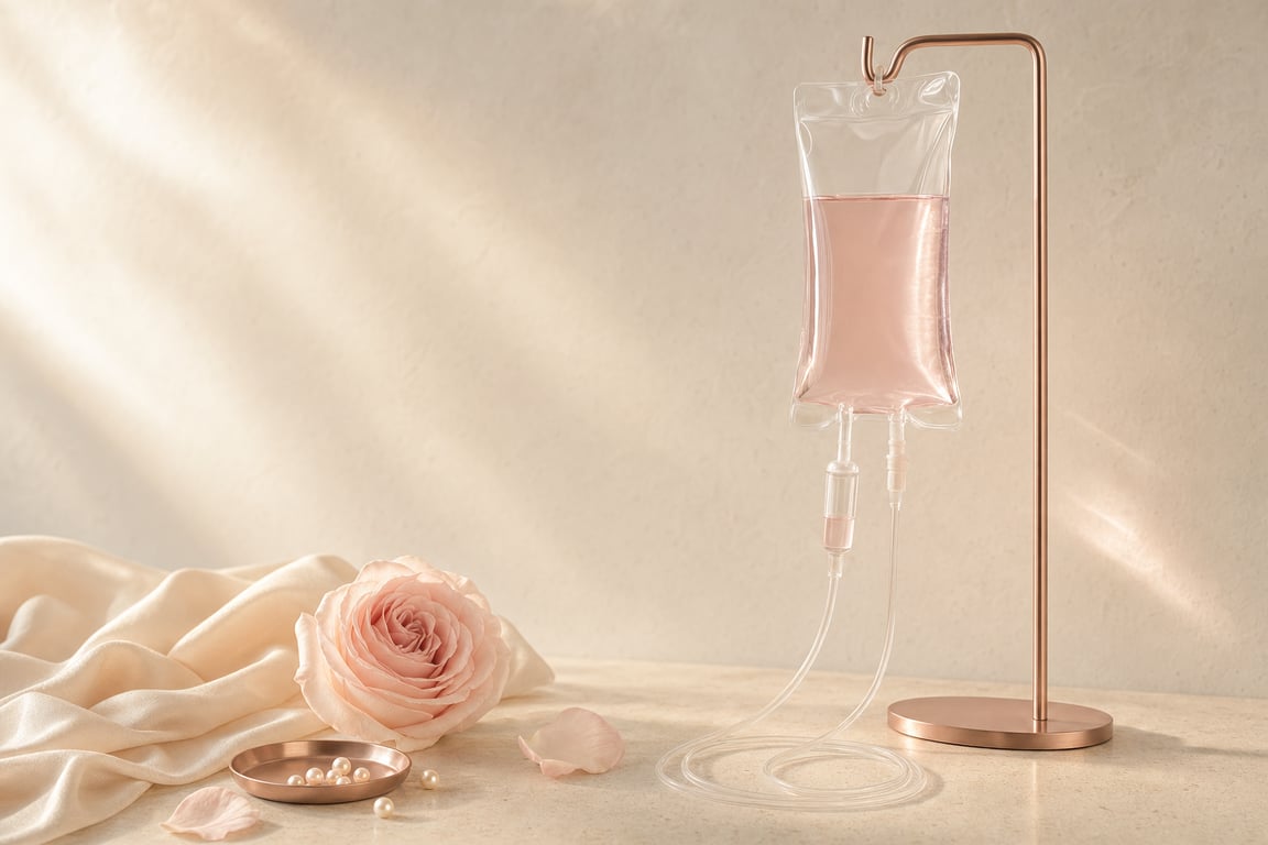 Imagen ilustrativa — bodegón del Kit Snow Bright IV con una rosa clara, seda y perlas; no muestra pacientes de Leva
