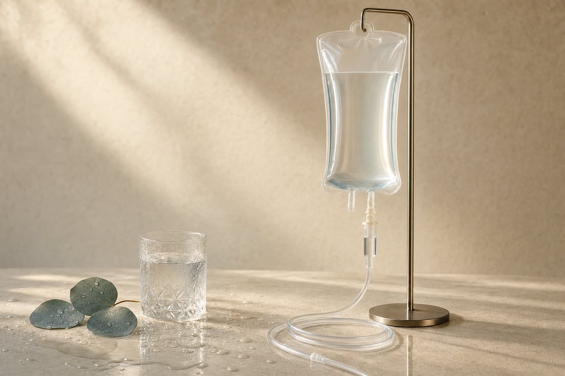 Imagen ilustrativa — bodegón del Kit Quench IV con un vaso de agua y hojas de eucalipto; no muestra pacientes de Leva