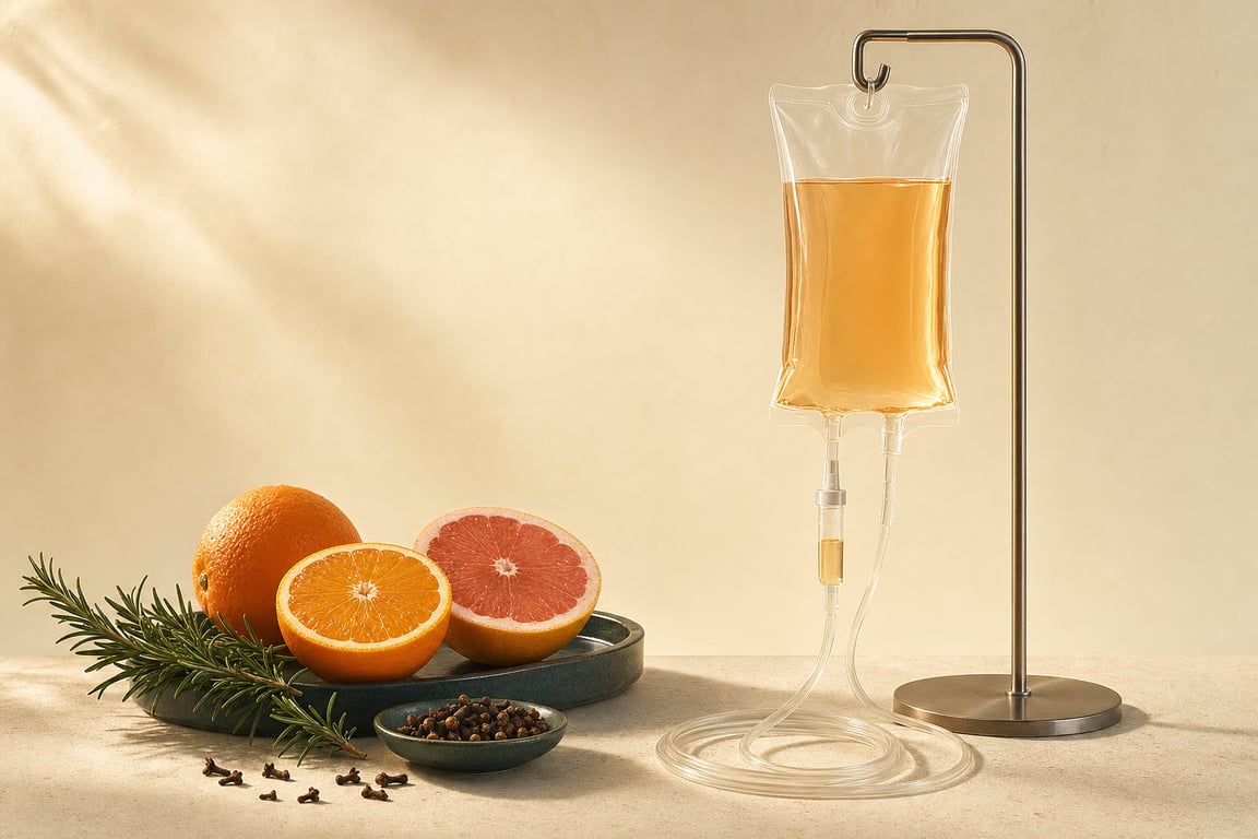 Imagen ilustrativa — bodegón del Kit Inmunidad IV con cítricos, romero y clavos; no muestra pacientes de Leva