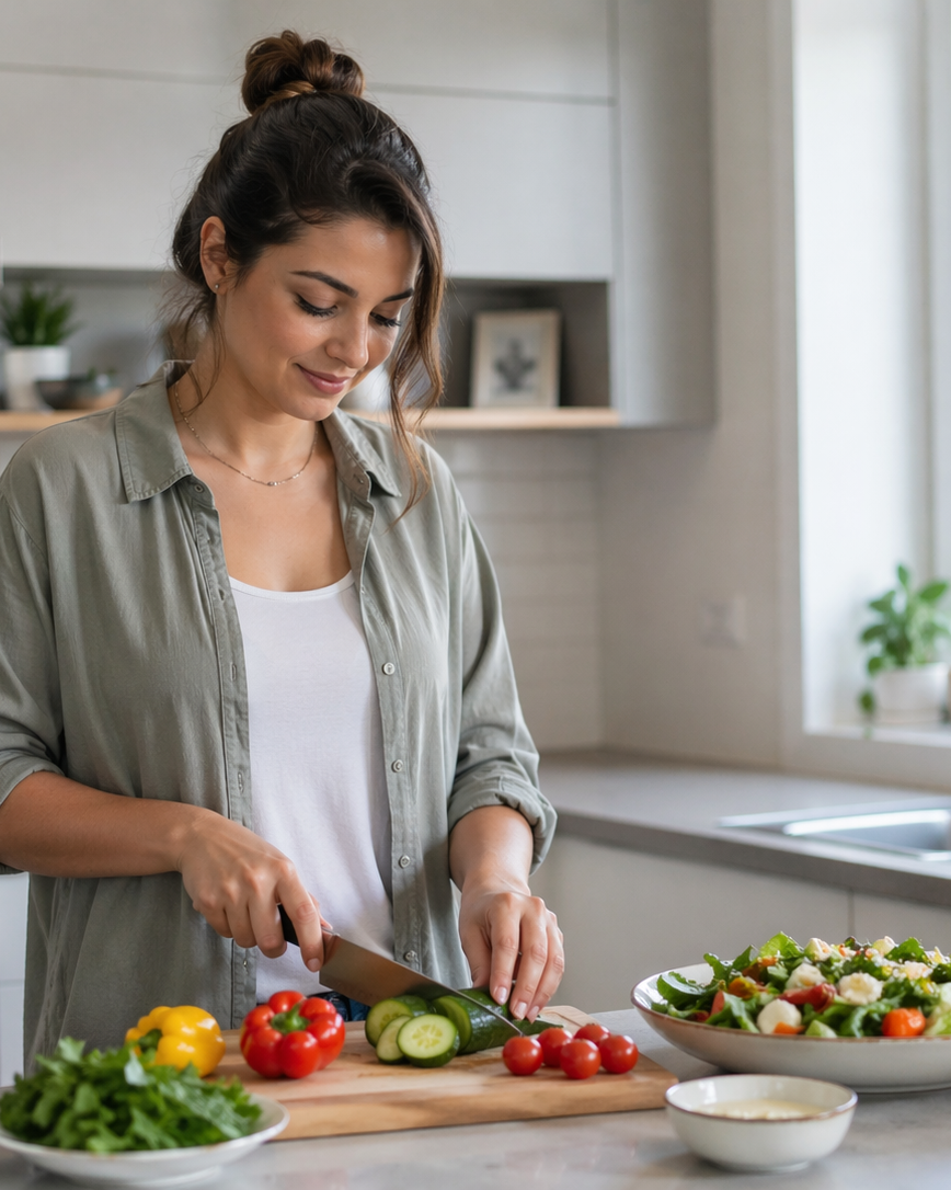 Patient preparing a healthy meal at home