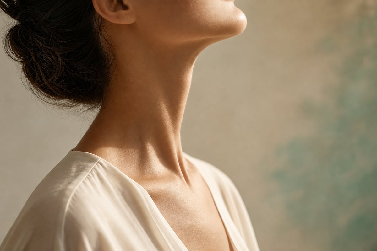 Illustrative image of an elegant jawline and neck seen in profile; not a Leva patient