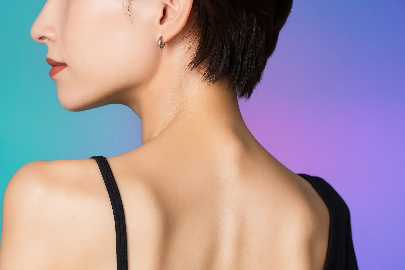 Foto ilustrativa de estudio de archivo del perfil del cuello y la mandíbula de una mujer sobre un degradado turquesa-violeta; no muestra pacientes de Leva