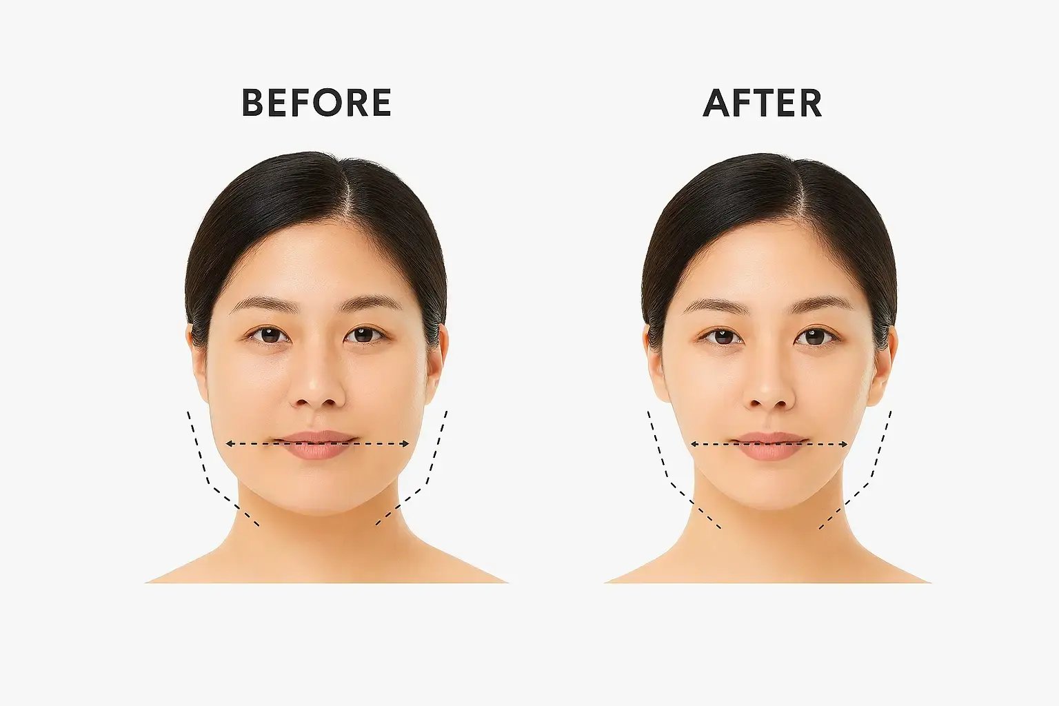 Gráfico ilustrativo de antes y después con la parte inferior del rostro de una modelo de archivo y contornos punteados de la mandíbula; no es una paciente de Leva ni un resultado de Leva