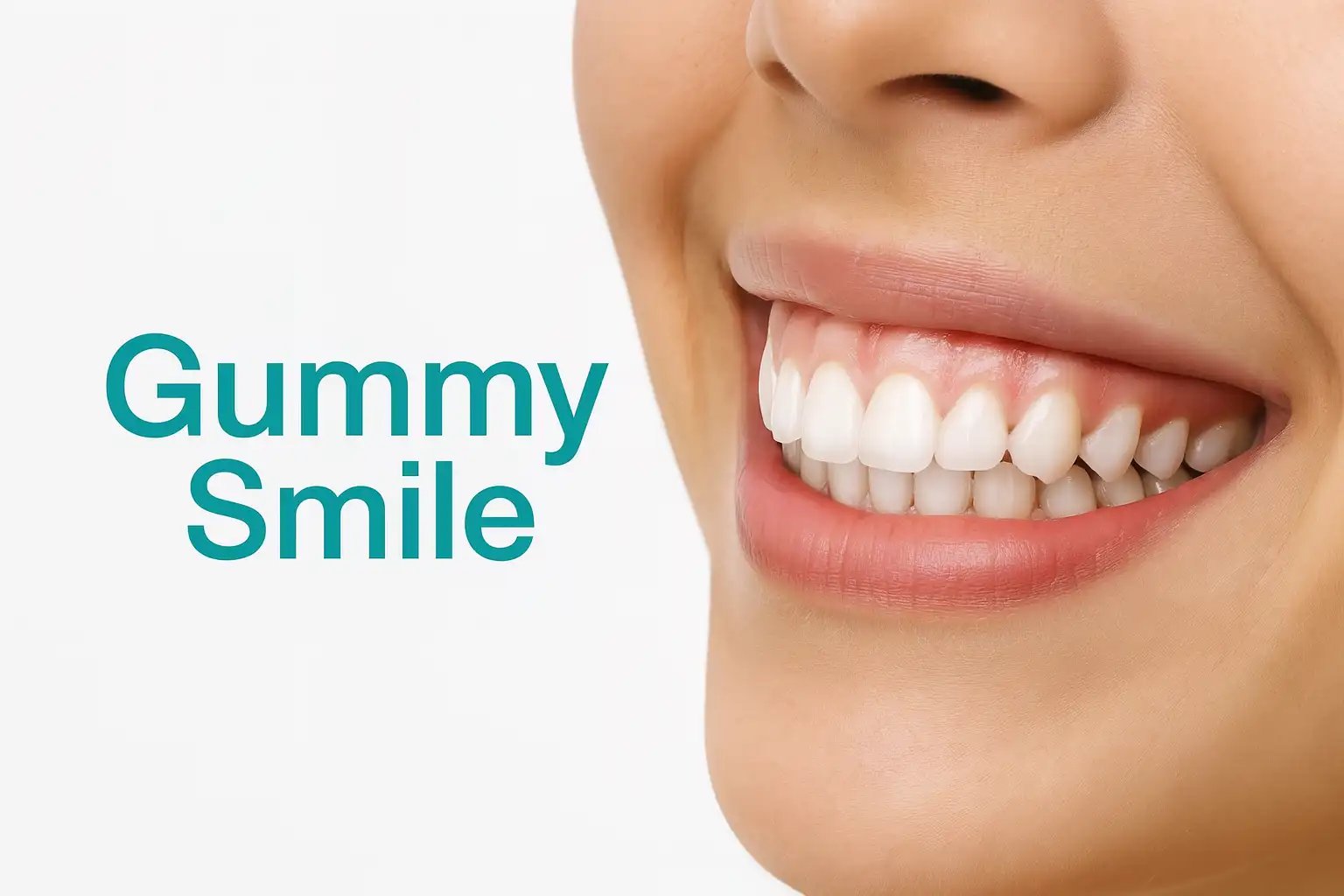 Illustrative graphic: close-up of a smile with the words Gummy Smile set beside it; not a Leva patient