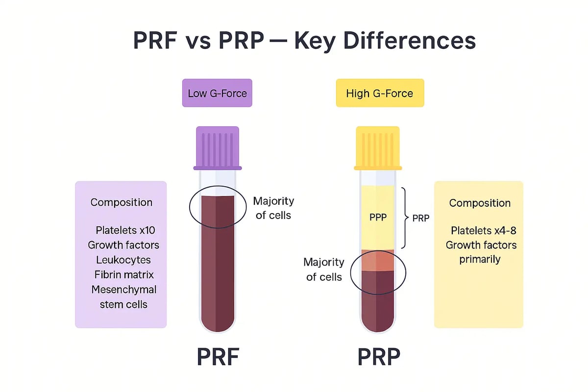 Diagrama explicativo que compara los tubos de PRF y PRP, la velocidad de centrifugado y la composición