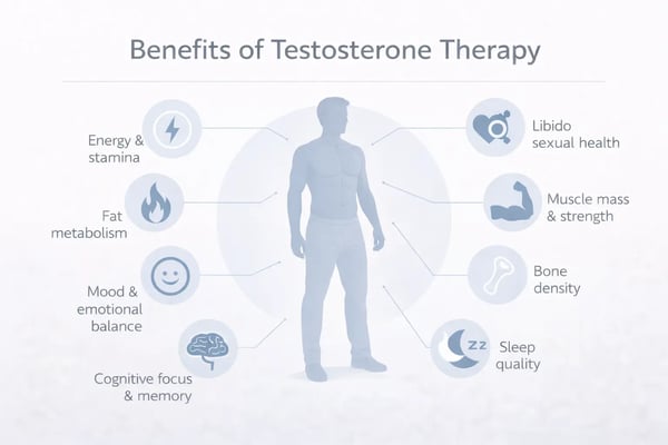 Infographic showing benefits of testosterone therapy for men including energy libido mood muscle and focus