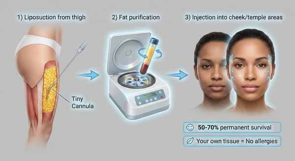 Step-by-step diagram of facial fat grafting: liposuction, purification, injection with before-after face overlay and survival stats