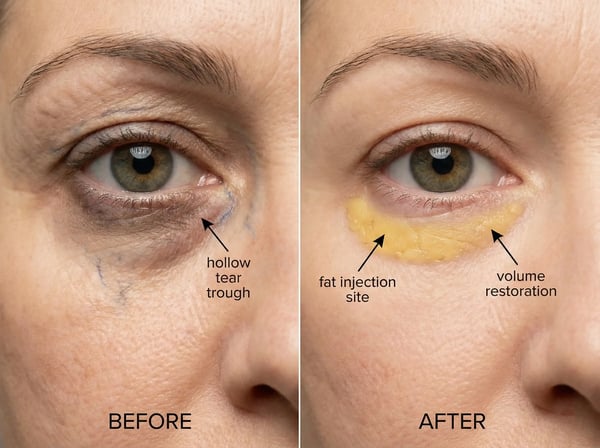 Facial fat grafting under eyes: before and after anatomical view