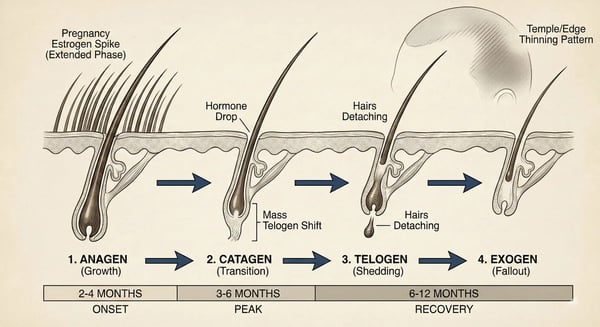 Photorealistic diagram of hair growth cycle stages (anagen, telogen) during pregnancy and postpartum shedding timeline with temple thinning pattern.