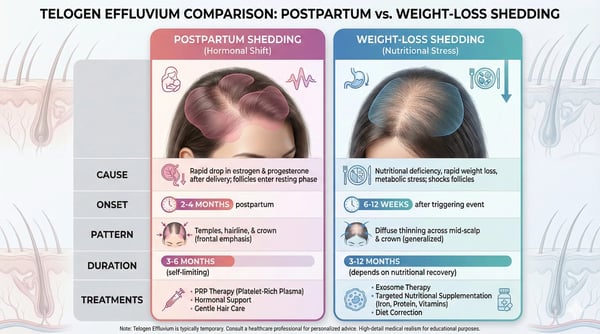 Infographic comparing postpartum vs weight-loss hair shedding: causes, onset, patterns, duration, and treatments like PRP with scalp thinning visuals.