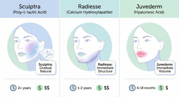 Infographic chart of Sculptra vs. Radiesse vs. Juvederm for face: illustrated profiles, pros/cons icons, duration, and cost callouts.