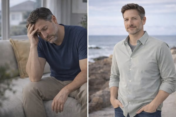 Before and after testosterone therapy showing improved energy and confidence