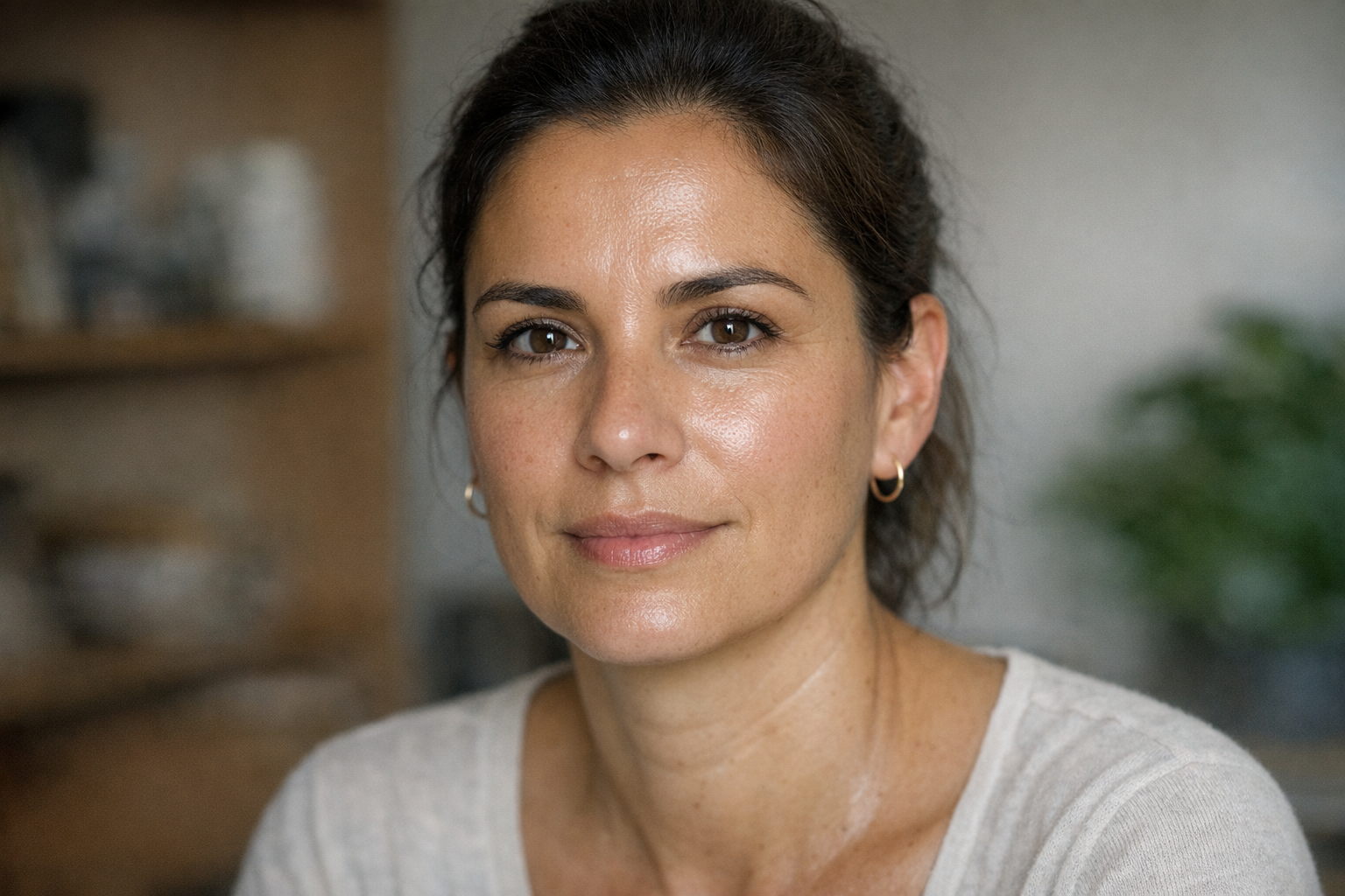 generate me a picture of a spanish woman who is over 35 years old and had their glass skin treatment dont make her too glow so that it looks real make-1