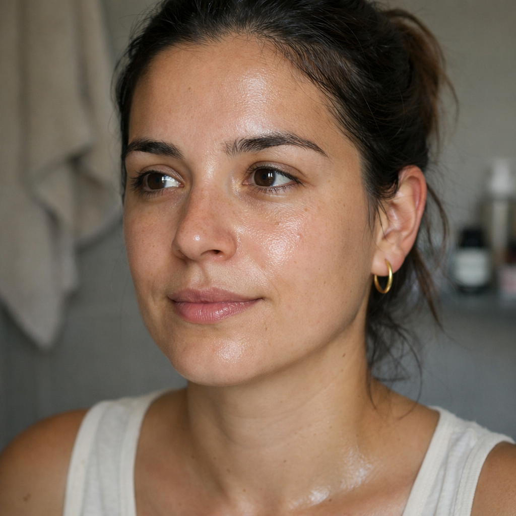 photographic can you generate a realistic picture of a spanish girl who just had the glass skin treatment make her not glow much so that it seems real